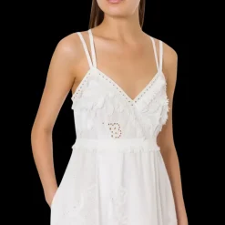 ALBERTA FERRETTI Robe longue col V bretelle fine coton blanc dentelle fleurie