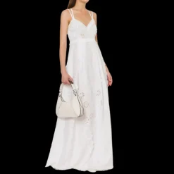 ALBERTA FERRETTI Robe longue col V bretelle fine coton blanc dentelle fleurie
