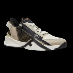 Baskets basses à enfiler FENDI Flow cuir beige jacquard FF marron