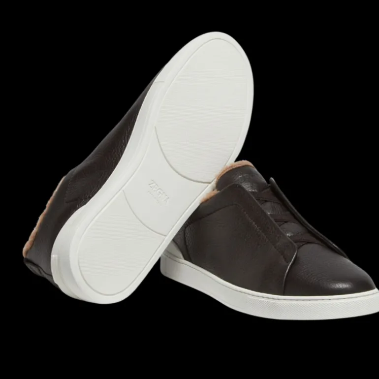 baskets basses ZEGNA Triple Stitch™ cuir de cerf marron shearling