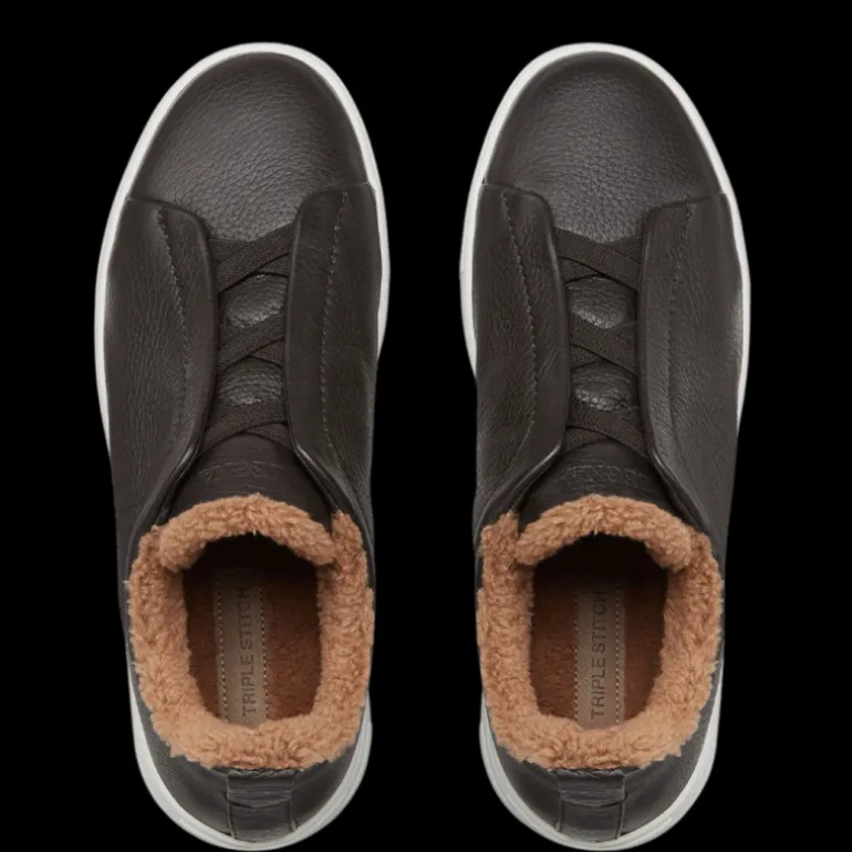 baskets basses ZEGNA Triple Stitch™ cuir de cerf marron shearling