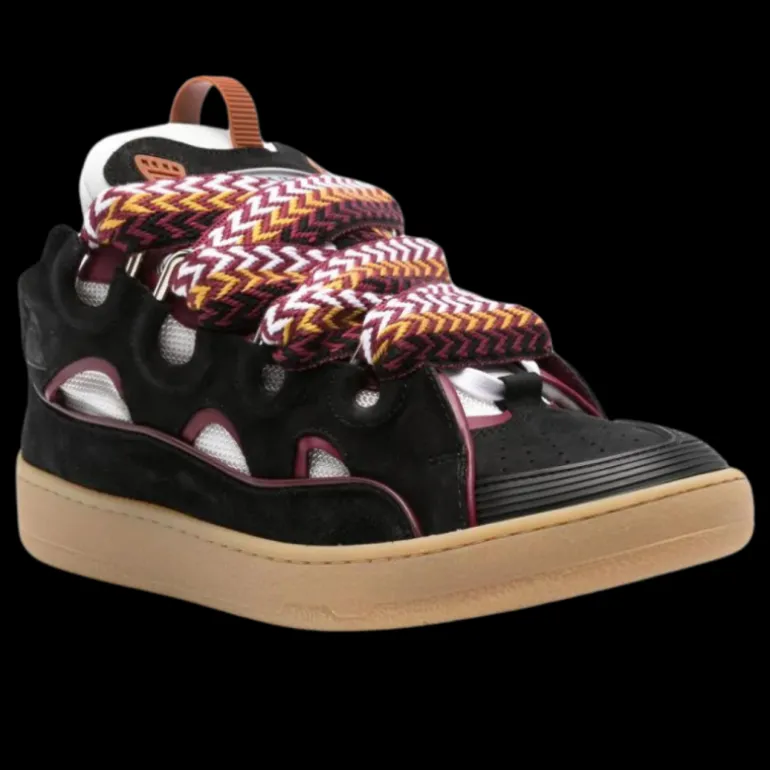 Baskets LANVIN CURB cuir noir lacet multicolore semelle camel