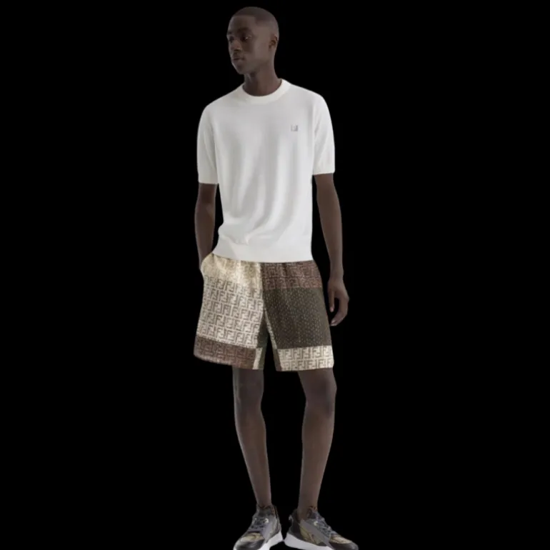 Bermuda taille élastique FENDI lin FF multicolore brun vert patchwork