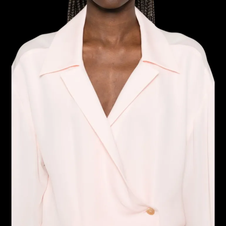 Blouse croisée KHAITE Ashton cache cœur popeline coton rose pale