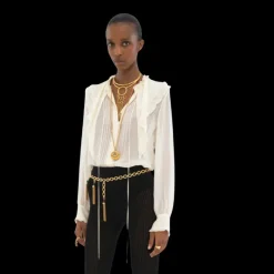 Blouse fluide CHLOE à volants Georgette soie écrue dentelle fleurs