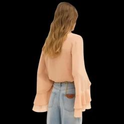 Blouse fluide CHLOE Georgette de soie bio beige col poignets volants