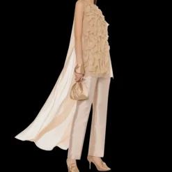 Blouse sans manche ALBERTA FERRETTI à volant soie beige rosé traine dos