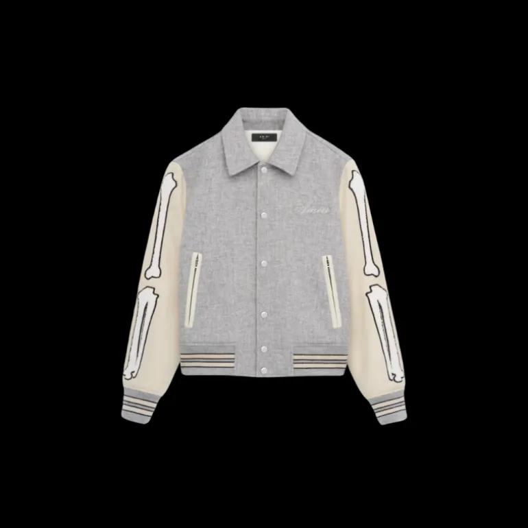 Blouson AMIRI Teddy Bones pression flanelle grise manche beige