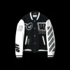 Blouson bomber OFF WHITE laine cuir noir manches blanches broderies