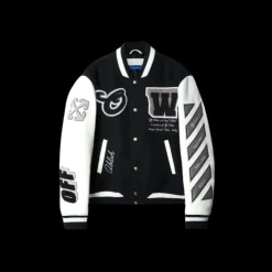 Blouson bomber OFF WHITE laine cuir noir manches blanches broderies