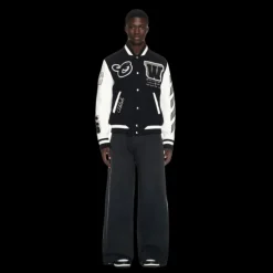 Blouson bomber OFF WHITE laine cuir noir manches blanches broderies