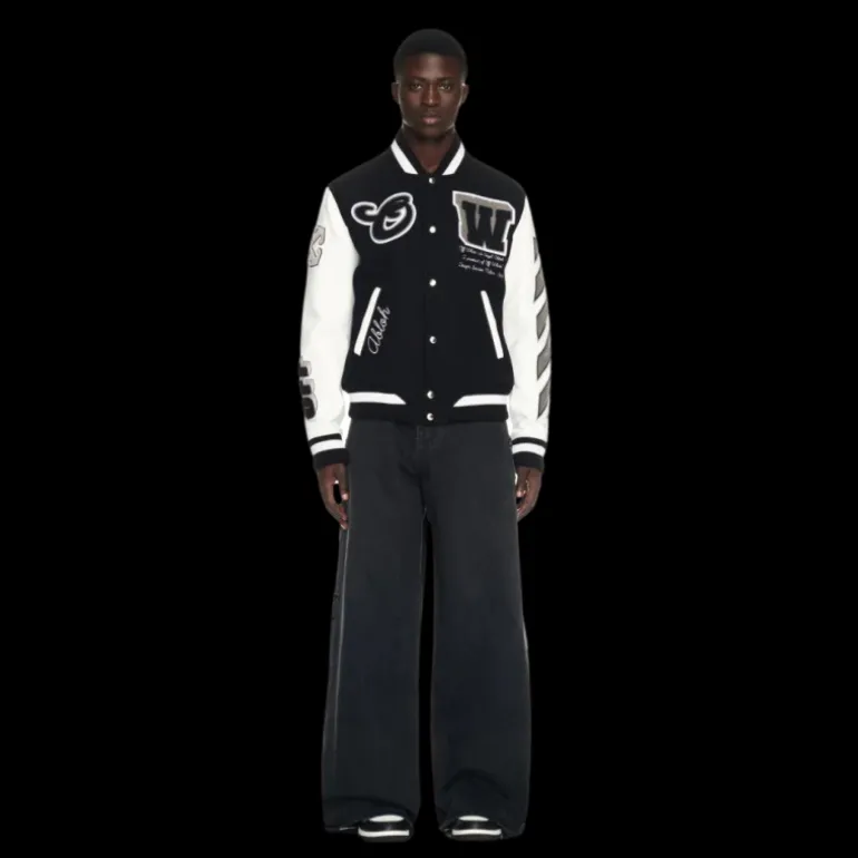 Blouson bomber OFF WHITE laine cuir noir manches blanches broderies