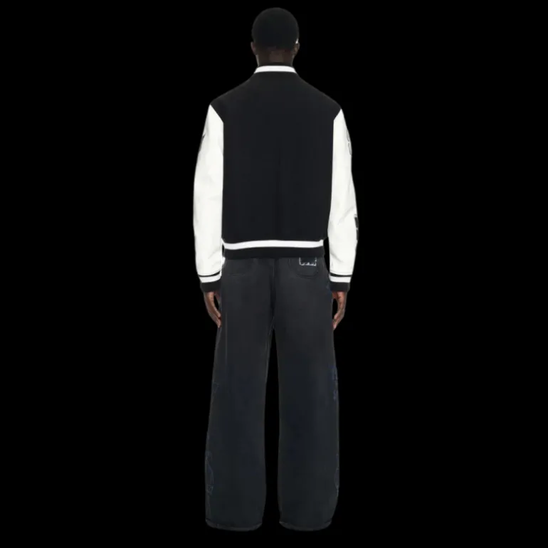 Blouson bomber OFF WHITE laine cuir noir manches blanches broderies