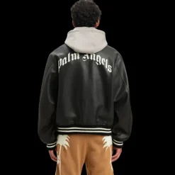 Blouson Bomber PALM ANGELS cuir noir capuche coton gris logo dos blanc