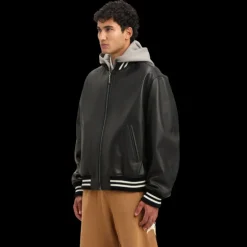 Blouson Bomber PALM ANGELS cuir noir capuche coton gris logo dos blanc