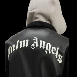 Blouson Bomber PALM ANGELS cuir noir capuche coton gris logo dos blanc