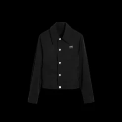 Blouson boutonné AMI Paris toile nylon noir col chemise poche poitrine logo