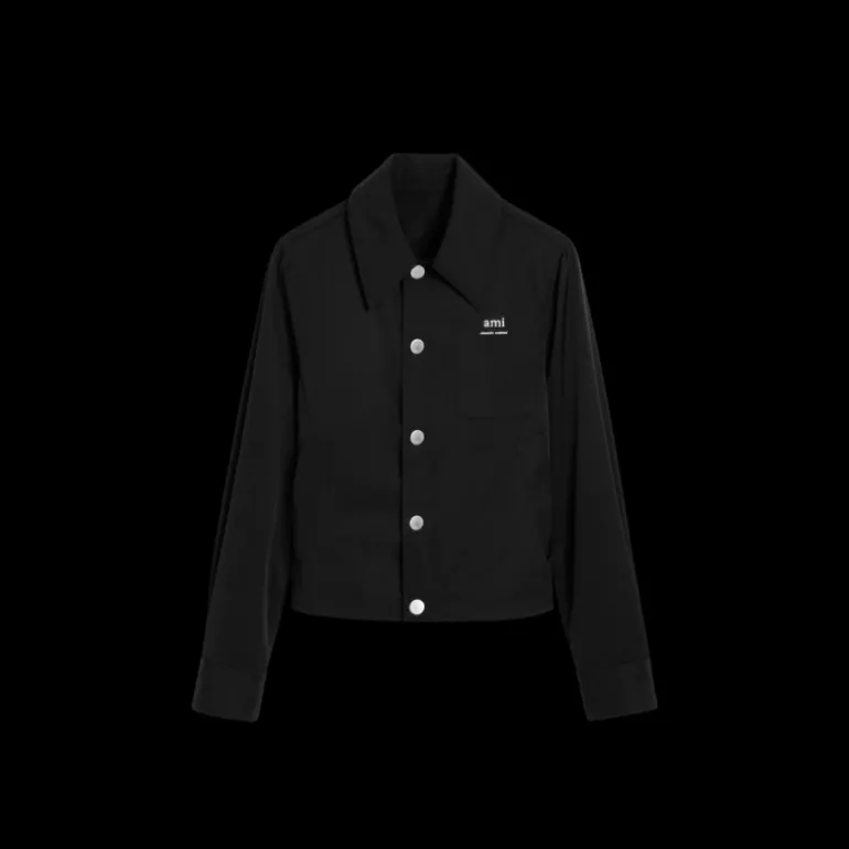 Blouson boutonné AMI Paris toile nylon noir col chemise poche poitrine logo