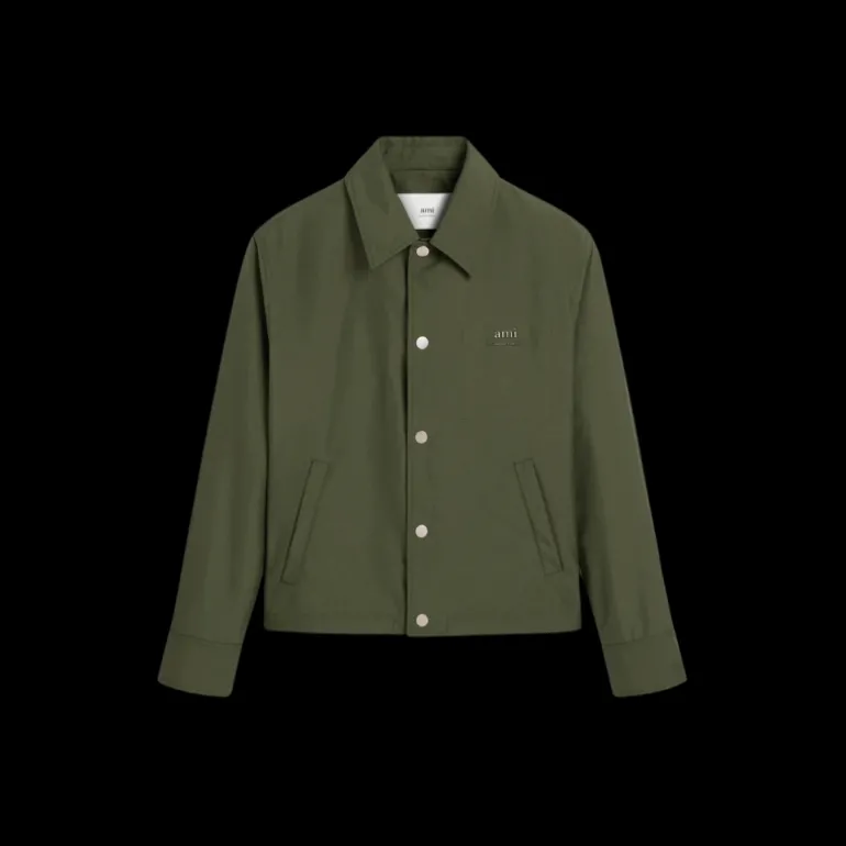 Blouson boutonné AMI Paris toile nylon kaki col chemise poche poitrine logo