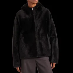 Blouson capuche YVES SALOMON peau lainée agneau shearling marron chocolat