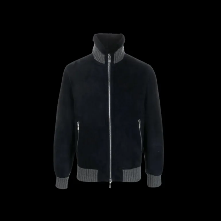 Blouson peau lainée bleu marine bord côtelé gris-brunello-cucinelli