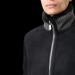 Blouson peau lainée bleu marine bord côtelé gris-brunello-cucinelli