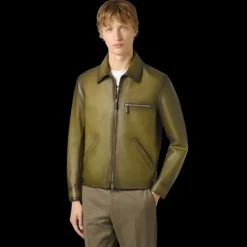 Blouson zippé à col BERLUTI  1 jour cuir veau patiné light Nero caviar kaki