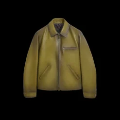 Blouson zippé à col BERLUTI  1 jour cuir veau patiné light Nero caviar kaki