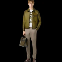 Blouson zippé à col BERLUTI  1 jour cuir veau patiné light Nero caviar kaki