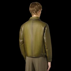 Blouson zippé à col BERLUTI  1 jour cuir veau patiné light Nero caviar kaki