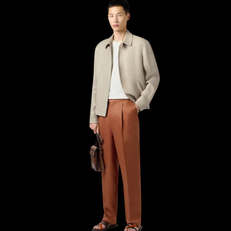 Blouson zippé BERLUTI à col chemise lin beige naturel