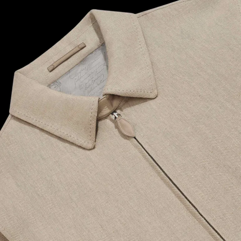 Blouson zippé BERLUTI à col chemise lin beige naturel