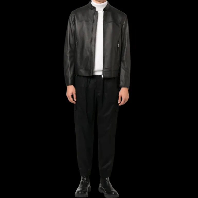 Blouson zippé BRIONI cuir grainé noir