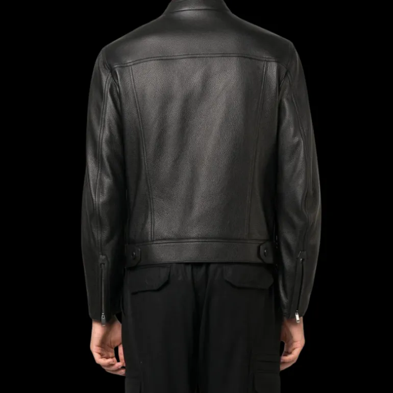 Blouson zippé BRIONI cuir grainé noir
