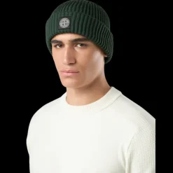 Bonnet à côtes anglaises STONE ISLAND laine vert mousse écusson à logo