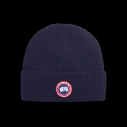 Bonnet à revers CANADA GOOSE laine mérinos côtelée bleu marine