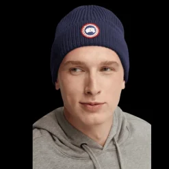 Bonnet à revers CANADA GOOSE laine mérinos côtelée bleu marine