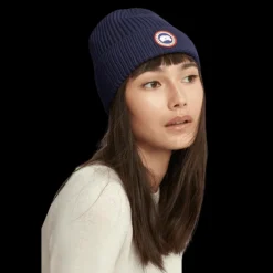 Bonnet à revers CANADA GOOSE laine mérinos côtelée bleu marine