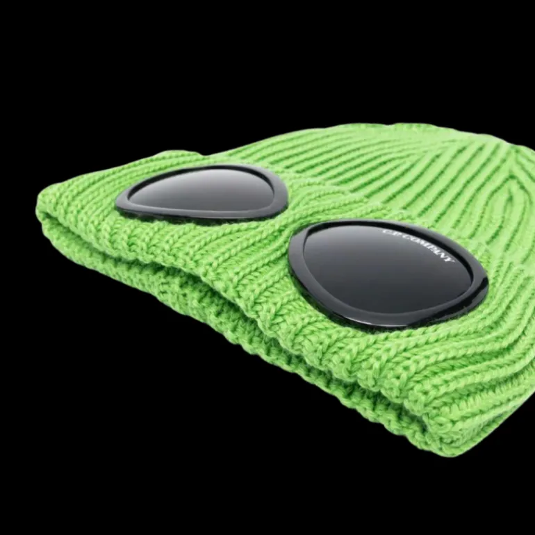 Bonnet CP COMPANY laine côtelée vert gazon lunettes