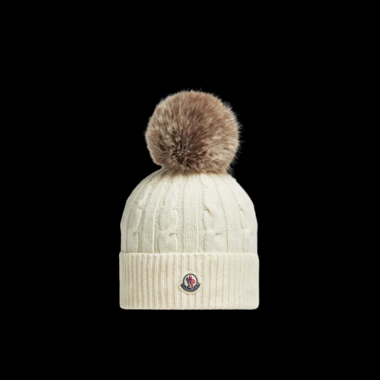 Bonnet MONCLER laine cachemire torsade écru pompon marron