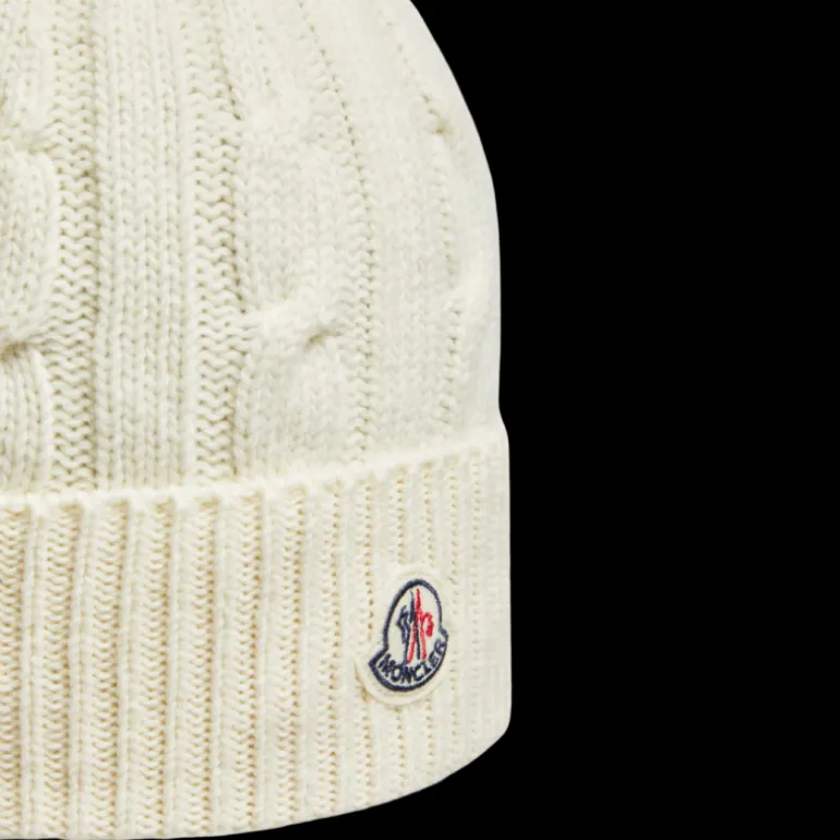 Bonnet MONCLER laine cachemire torsade écru pompon marron