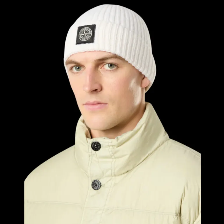 Bonnet STONE ISLAND laine vierge blanc écusson logo