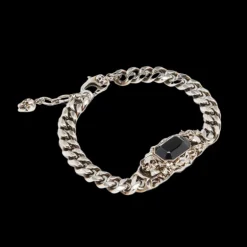 Bracelet chaine ALEXANDER MCQUEEN Ivy Skull argent vielli Pierre noire