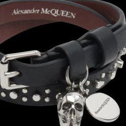 Bracelet double ALEXANDER MCQUEEN Tour Skull cuir noir tête de mort clous