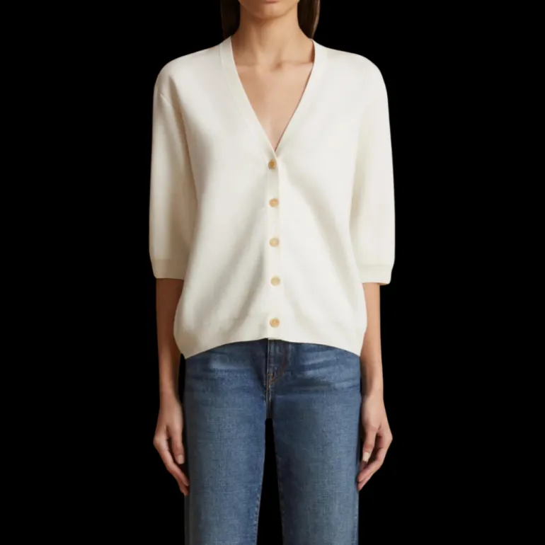 Cardigan à boutons KHAITE Tedi col V laine mérinos écru