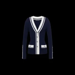 Cardigan ALBERTA FERRETTI col V viscose côtelé stretch bleu nuit gansé blanc