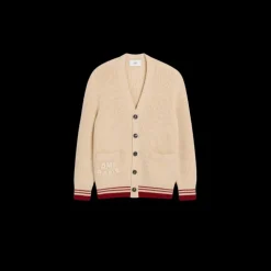 Cardigan AMI Paris laine vierge côtes collège beige bande rouge patch cœur dos