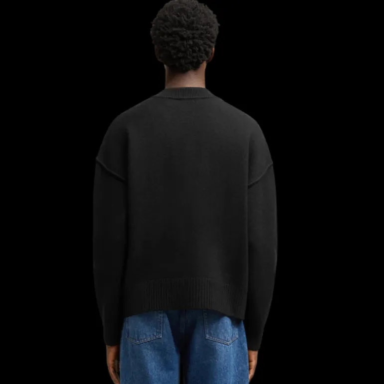 Cardigan AMI Paris laine mérinos feutrée noir cœur rouge