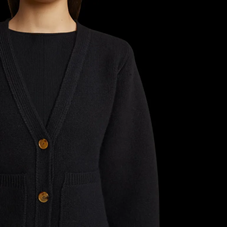 Cardigan boutons KHAITE Scarlett cachemire noir poches plaquées