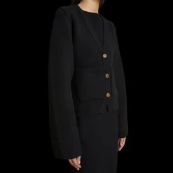 Cardigan boutons KHAITE Scarlett cachemire noir poches plaquées